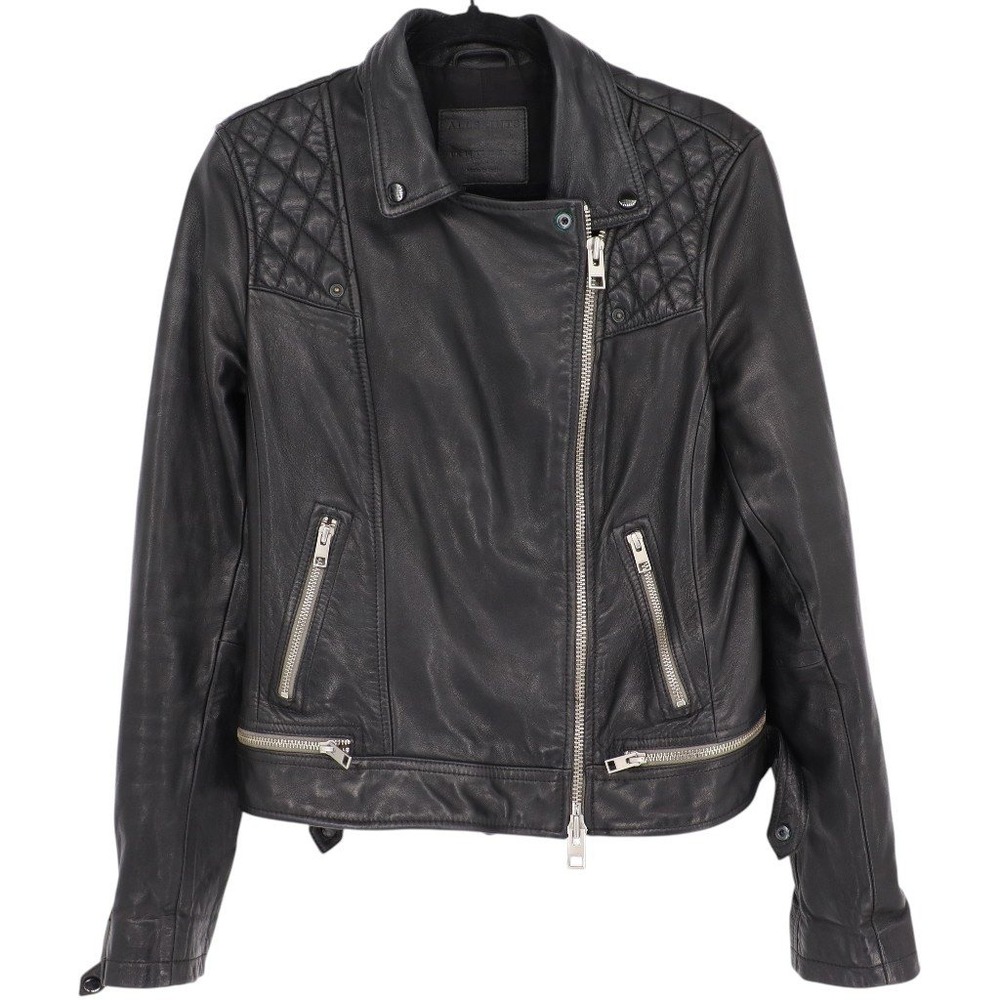 AllSaints Womens Conroy Leather Moto Jacket Size 10 Black Sheep Leather Quilted